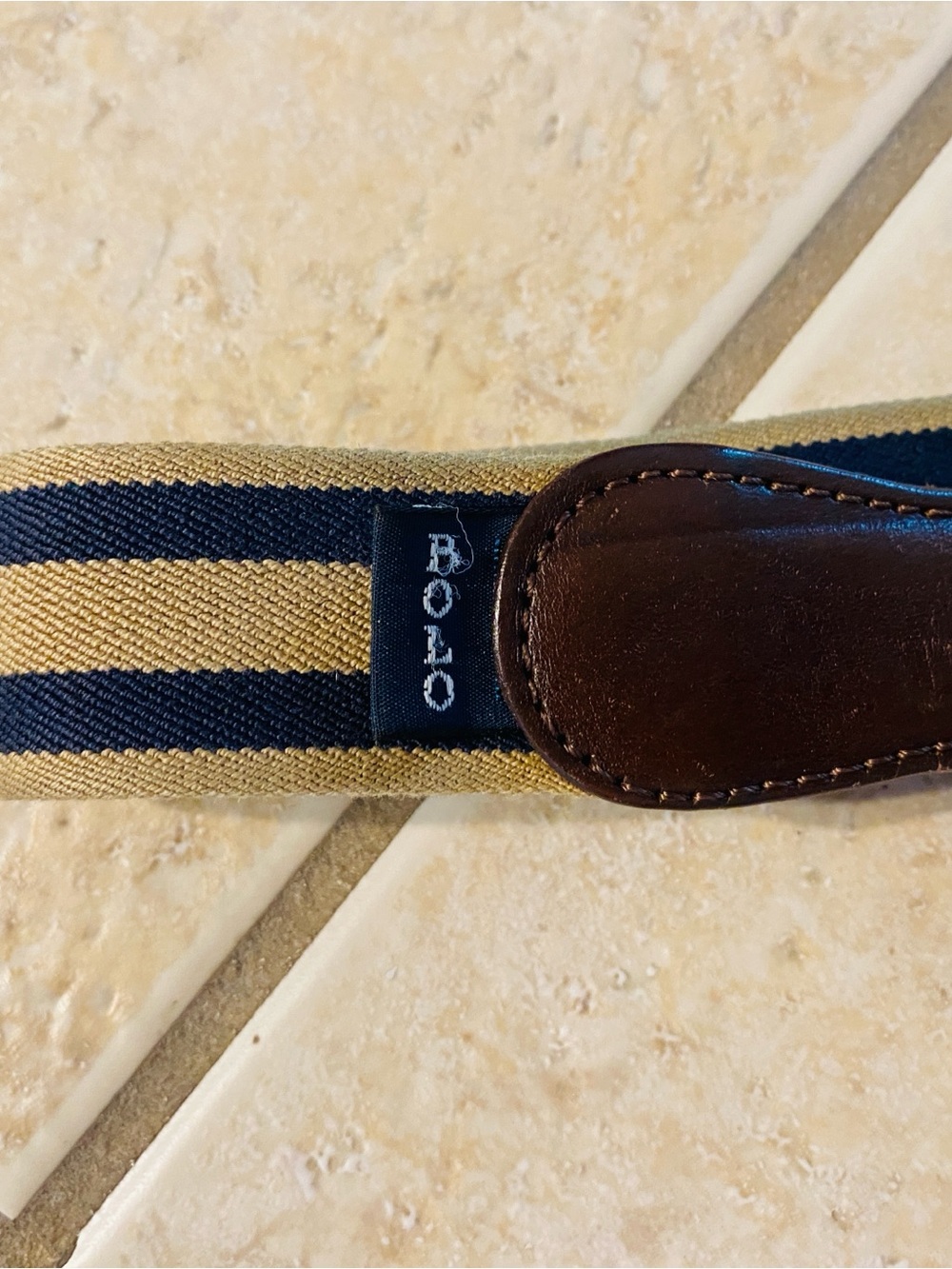 Polo by Ralph Lauren Men’s Navy and Tan Striped Canvas Leather Stretch Belt